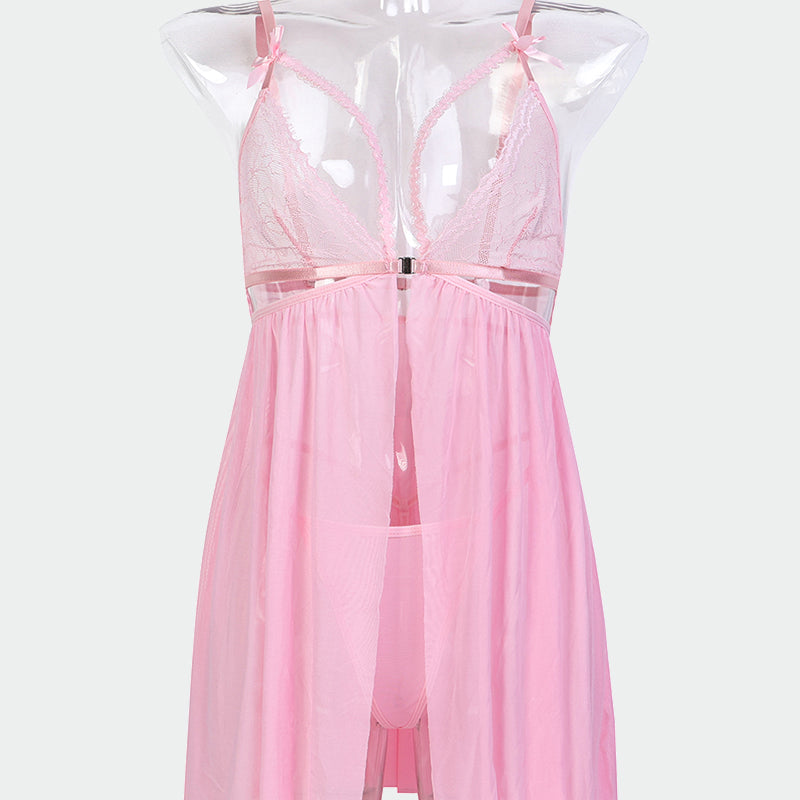 Pink lace babydoll nightdress on mannequin, bowknot straps, sheer skirt, V neckline