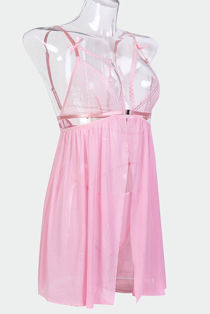 Pink contrast lace nightdress set with bowknot, spaghetti straps, and cut-out design