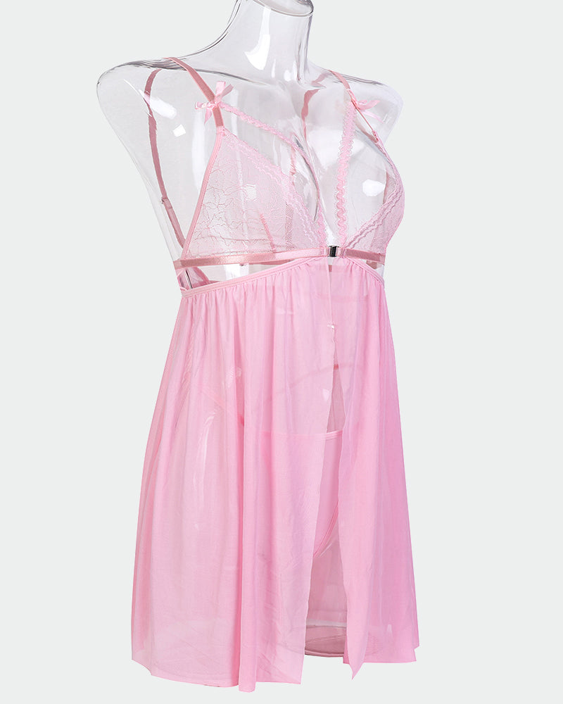 Pink contrast lace nightdress set with bowknot, spaghetti straps, and cut-out design