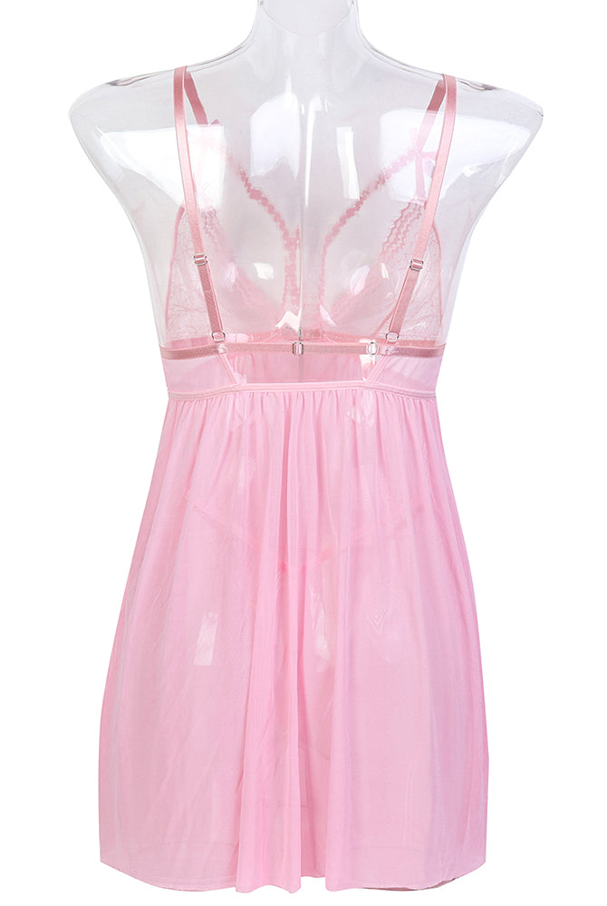 Pink contrast lace nightdress lingerie set with spaghetti straps and sheer robe