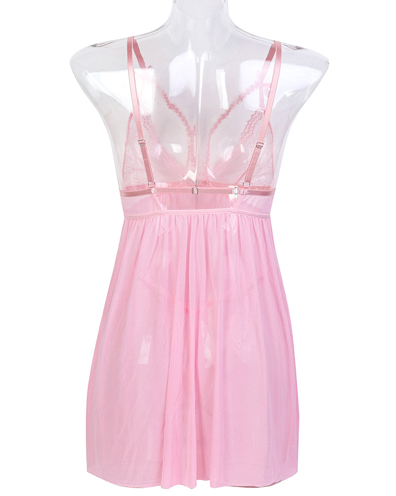 Pink contrast lace nightdress lingerie set with spaghetti straps and sheer robe