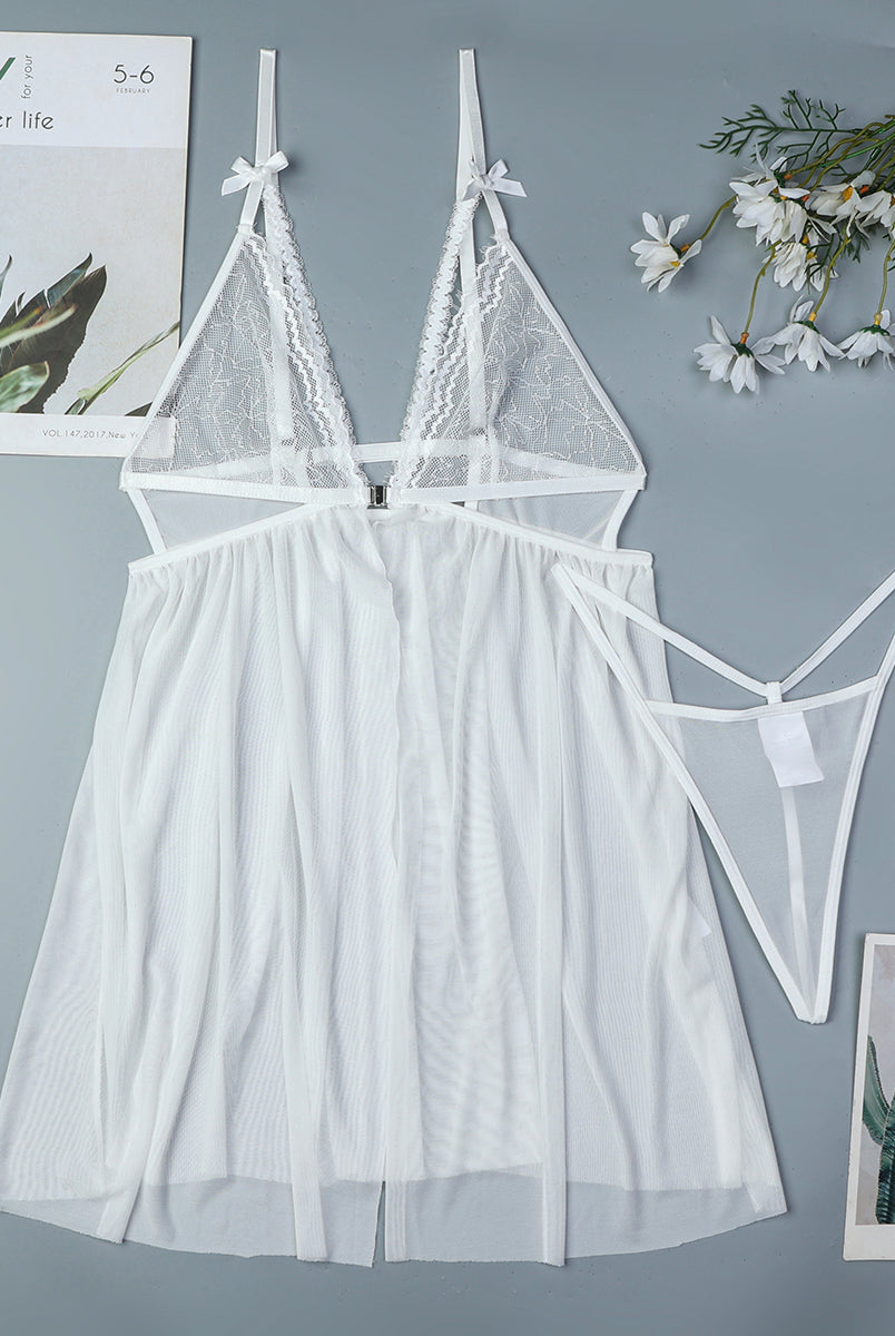 White lace nightdress lingerie set with bowknot, sheer robe, and thong, sexy lingerie