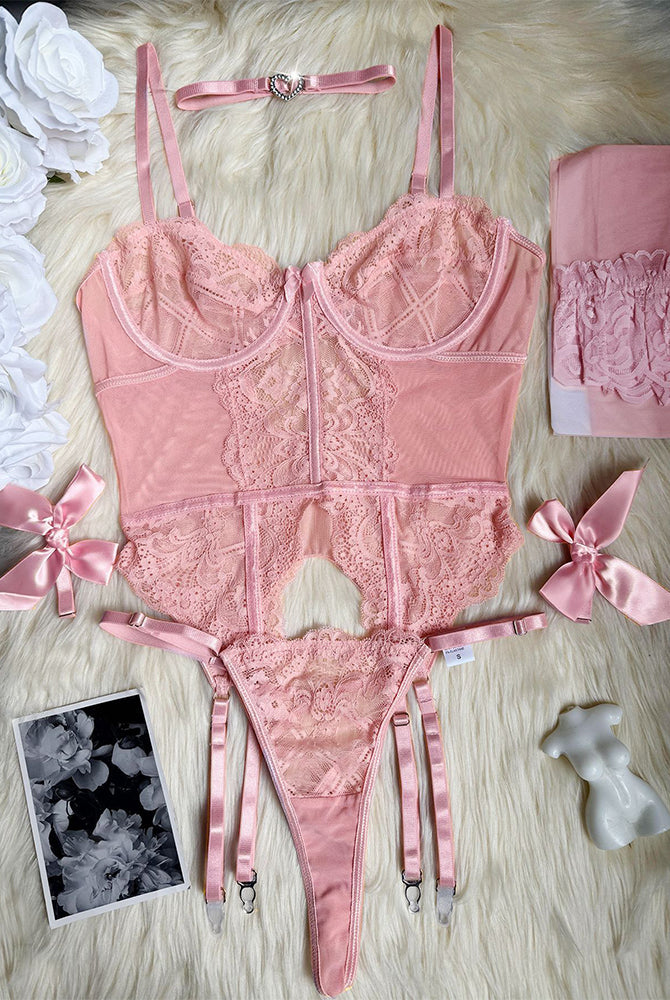 Pink floral lace corset lingerie set with stockings, bustier, thong, garter straps, and choker