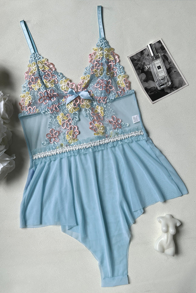 Embroidered floral lace bodysuit lingerie in light blue, romantic and sexy design