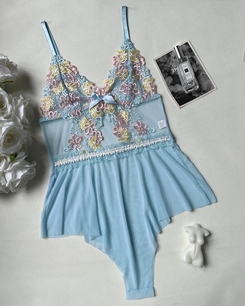 Embroidered floral lace bodysuit lingerie in light blue, romantic and sexy design