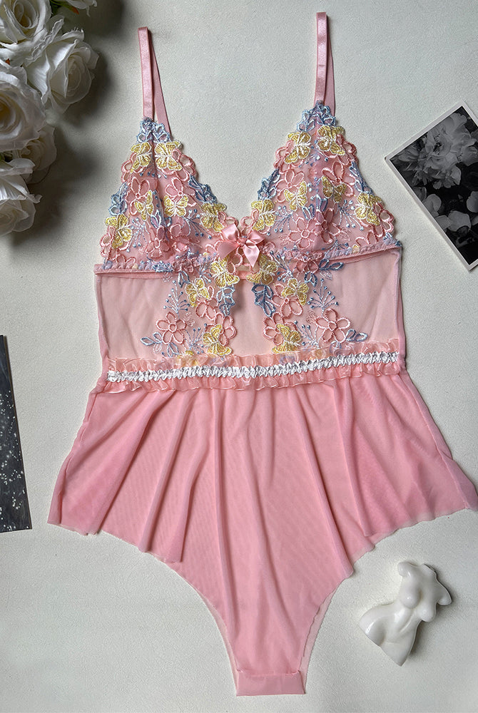 Light pink embroidered floral lace bodysuit lingerie with spaghetti straps and floral details