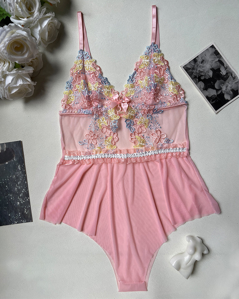 Light pink embroidered floral lace bodysuit lingerie with spaghetti straps and floral details