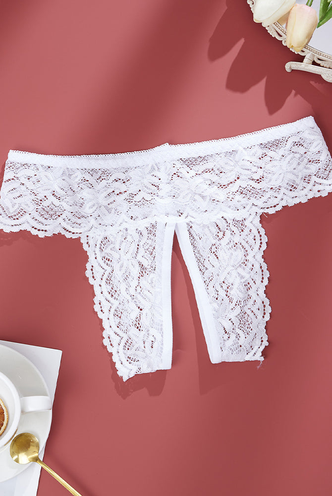 White lace open crotch briefs, mid-rise, semi-sheer, romantic and sexy lingerie for plus size.
