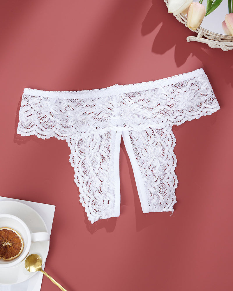 White lace open crotch briefs, mid-rise, semi-sheer, romantic and sexy lingerie for plus size.