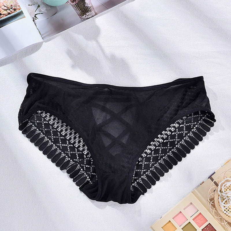 Black plus size lace triangle panties with cut-out design and lace trim