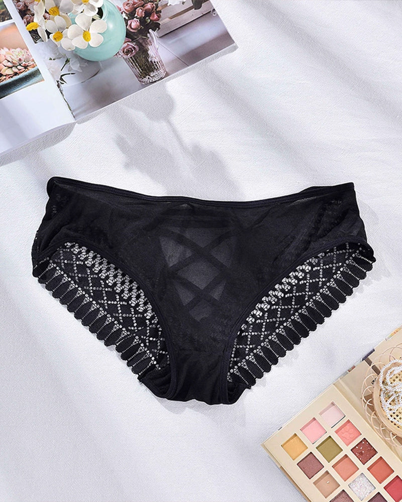 Black plus size lace triangle panties with cut-out design and lace trim