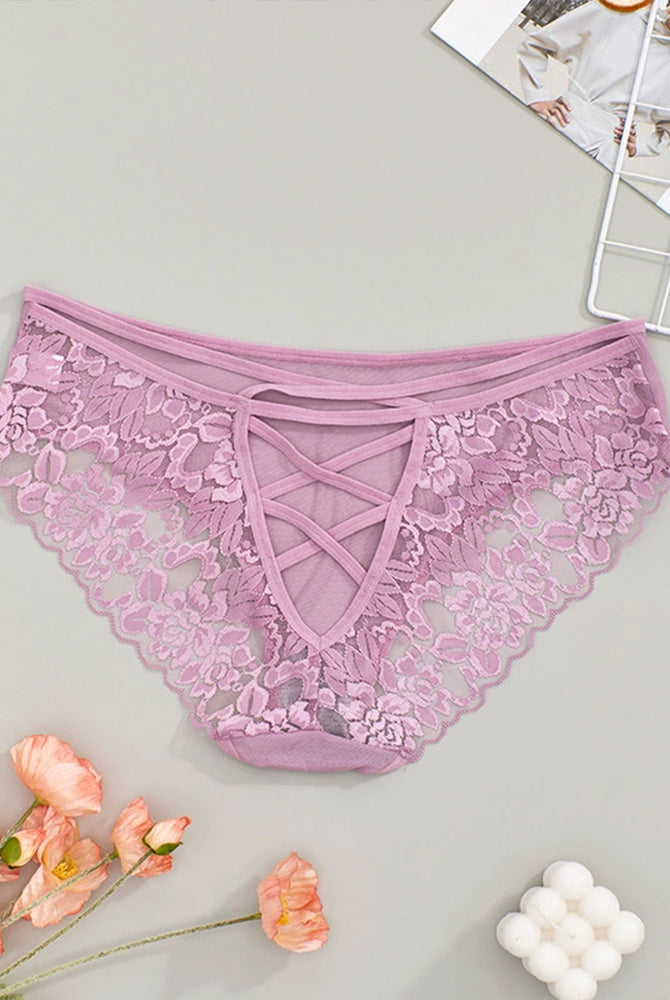 Lavender plus size lace triangle panties with cut-out design and criss-cross back detail