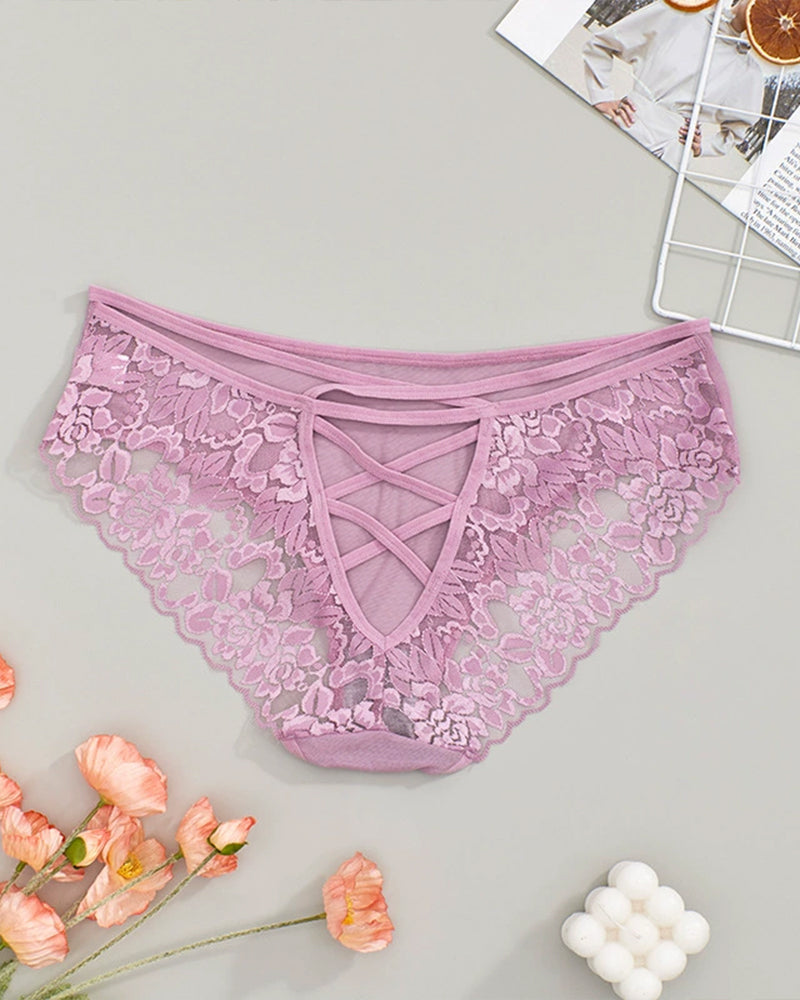 Lavender plus size lace triangle panties with cut-out design and criss-cross back detail