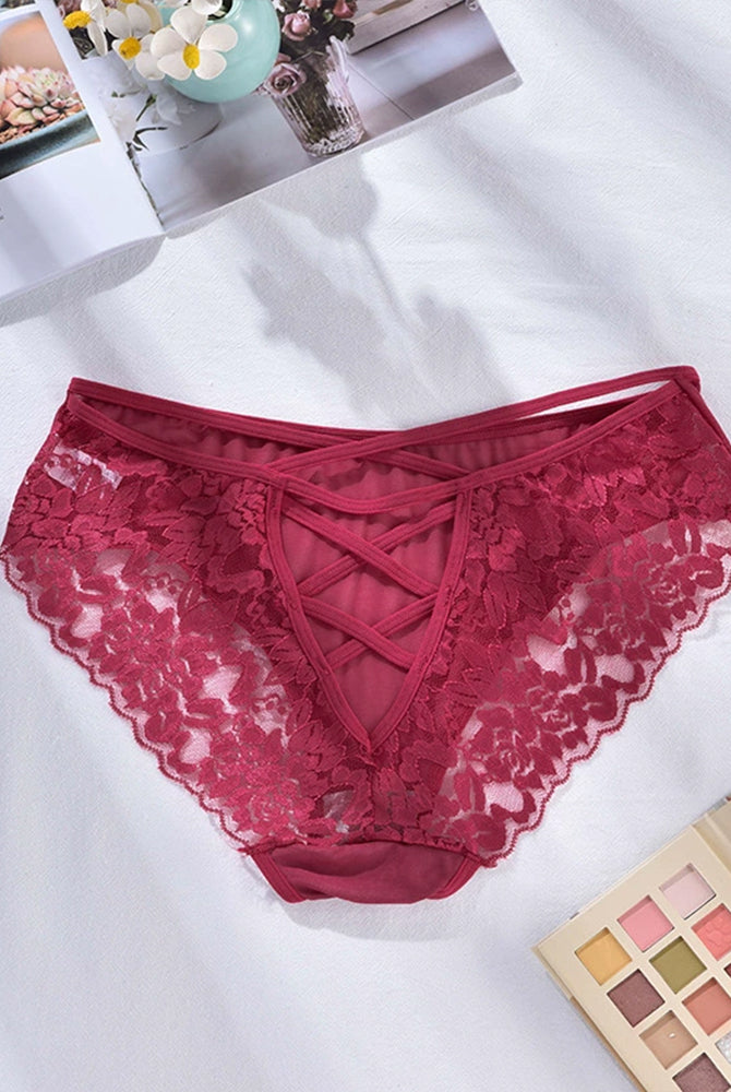 Burgundy plus size lace triangle panties with cut-out design and criss-cross back detail