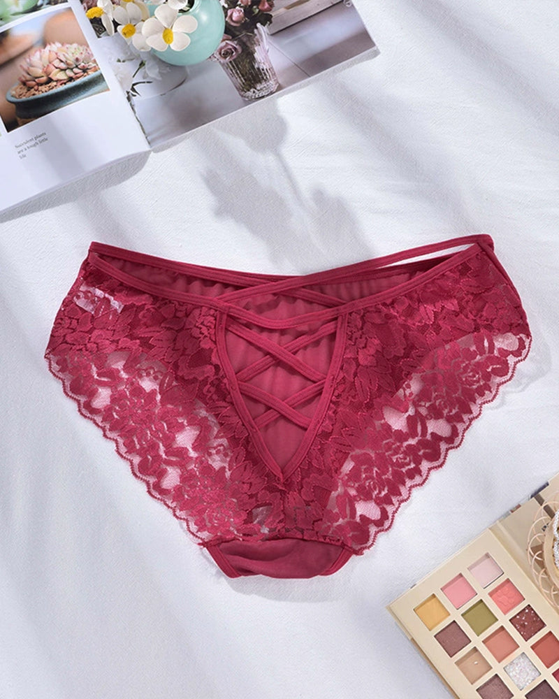 Burgundy plus size lace triangle panties with cut-out design and criss-cross back detail