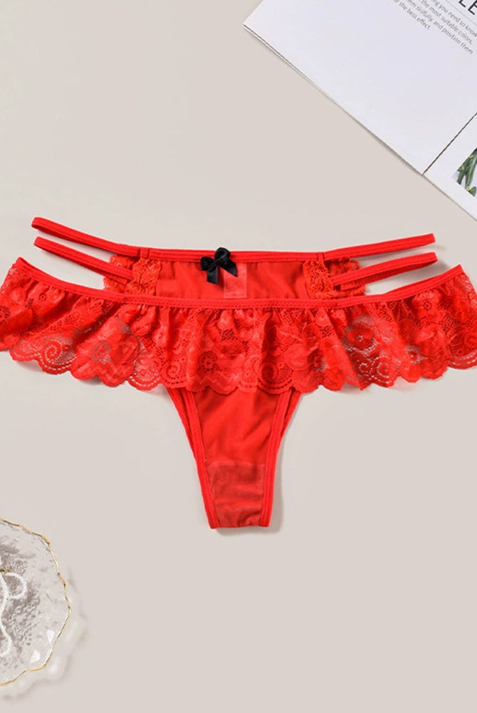 Red lace low waist triangle panties with cut-out details, perfect for a sexy look.