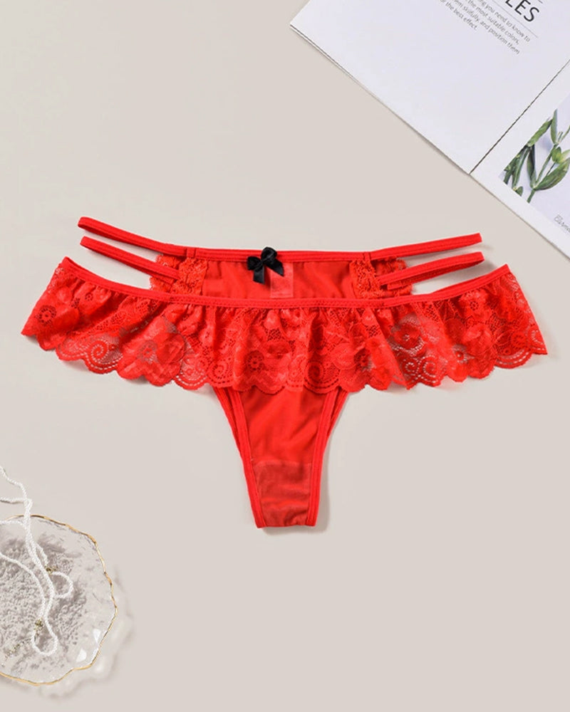 Red lace low waist triangle panties with cut-out details, perfect for a sexy look.