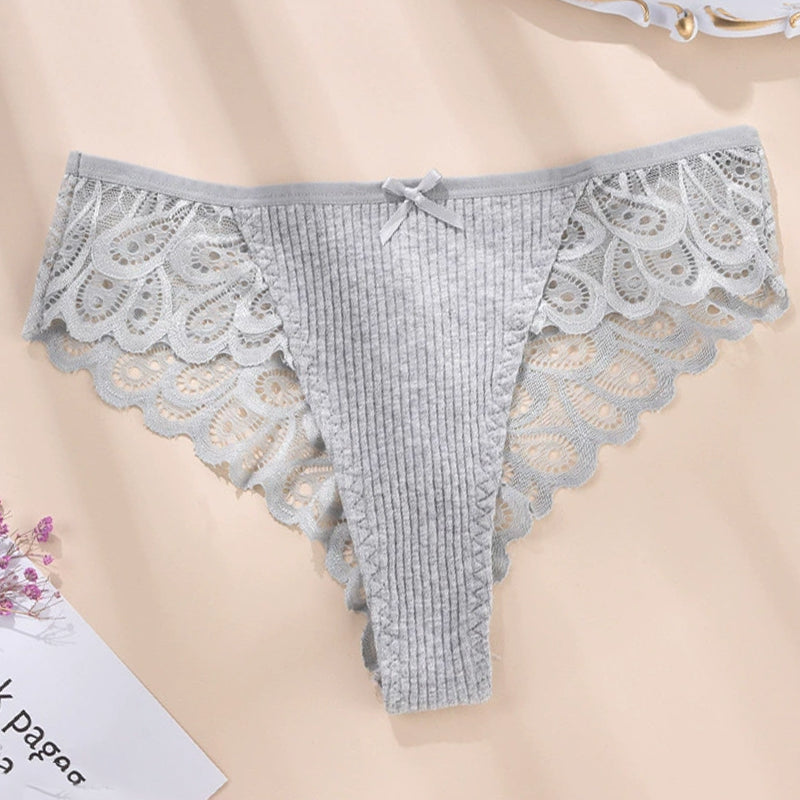 Grey lace hipster briefs with floral lace detail. Sexy, comfortable, mid-rise panty.