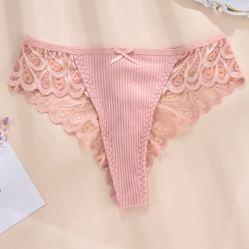 Pink lace hipster briefs with ribbed center and floral lace detail. Sexy plus size panty.