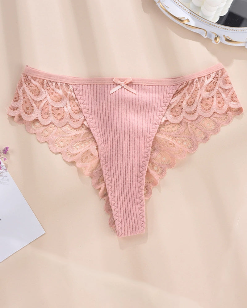 Pink lace hipster briefs with ribbed center and floral lace detail. Sexy plus size panty.