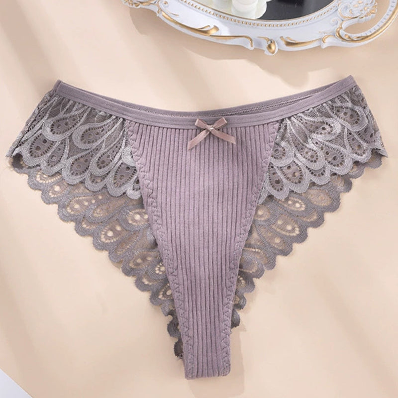 Lavender plus size hipster briefs with gray floral lace detail. Sexy and comfortable mid-rise panty.