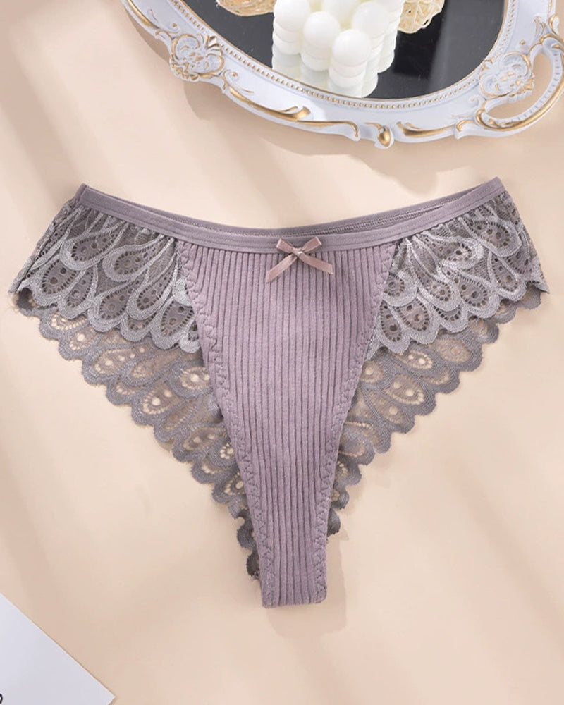 Lavender plus size hipster briefs with gray floral lace detail. Sexy and comfortable mid-rise panty.