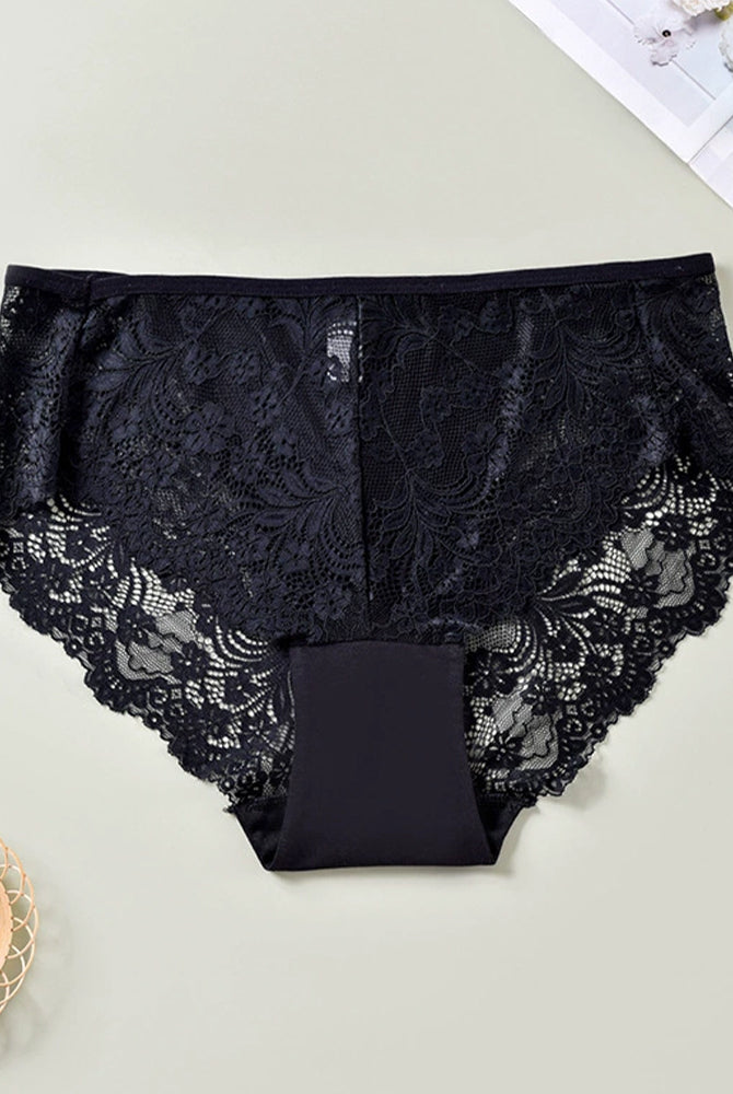 Plus size black lace briefs with sheer lace sides. Sexy and comfortable lingerie.
