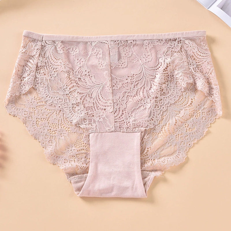 Plus size pink lace briefs. Low rise, sheer lace sides. Sexy and comfortable lingerie for women.