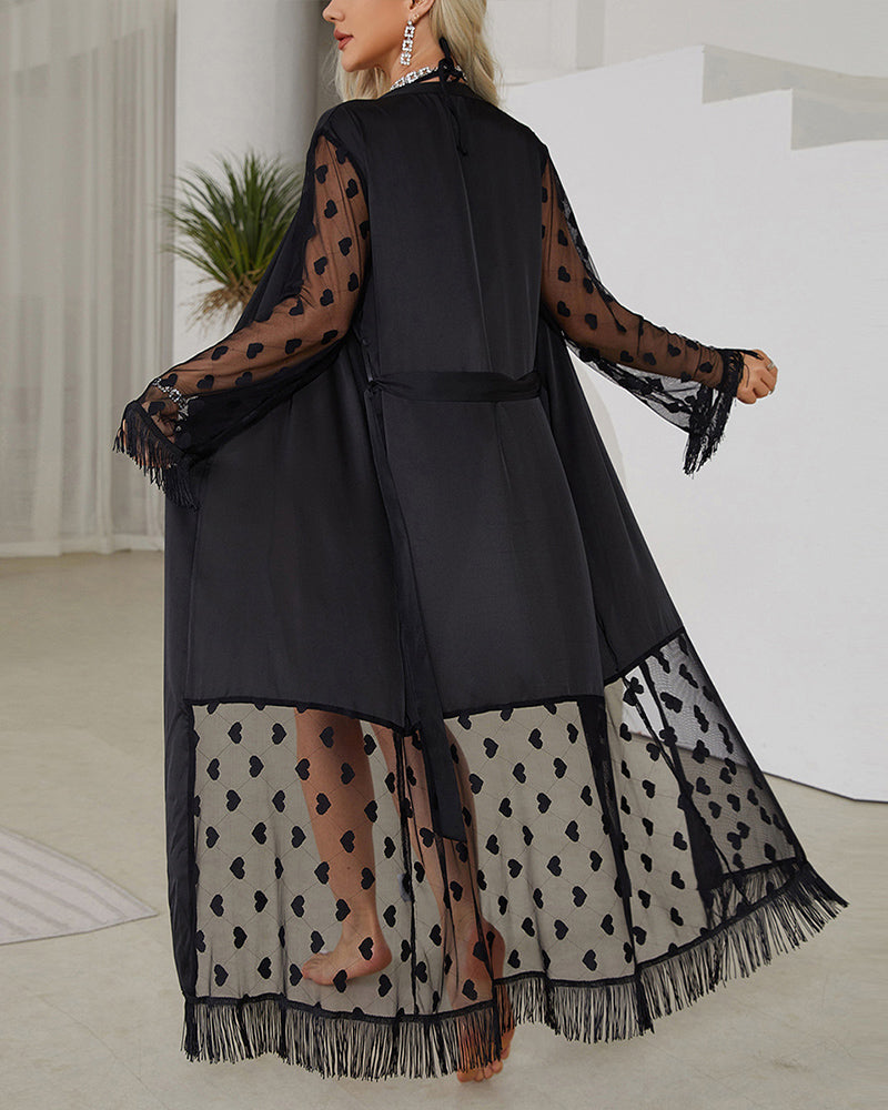 Black satin nightgown with heart lace details, long sleeves, and belt, perfect for a sensual look