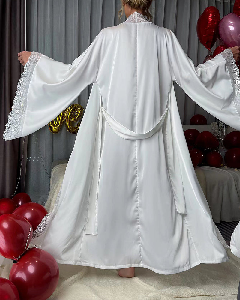 White satin belted robe with lace trim, long sleeve, perfect for sexy lingerie