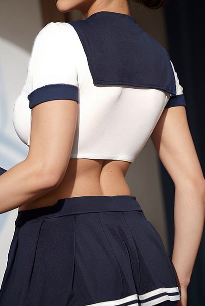 White and navy blue color block sailor costume set, pleated mini skirt