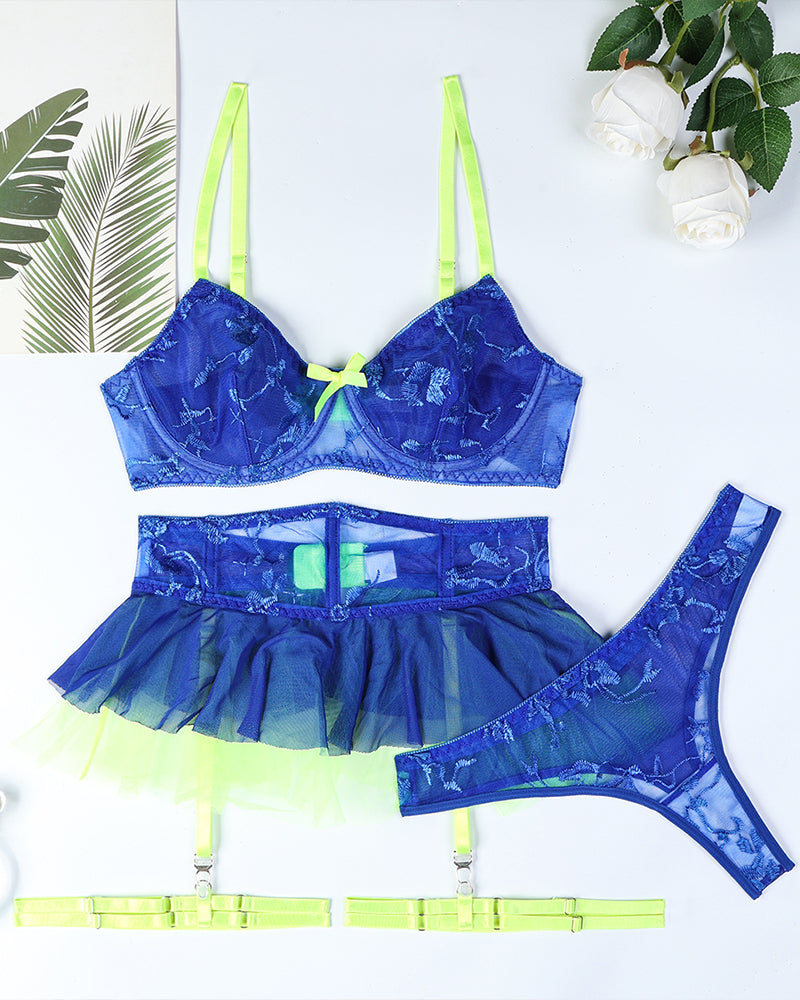 Blue patchwork embroidery bra skirt set with neon yellow accents, sexy lingerie for women
