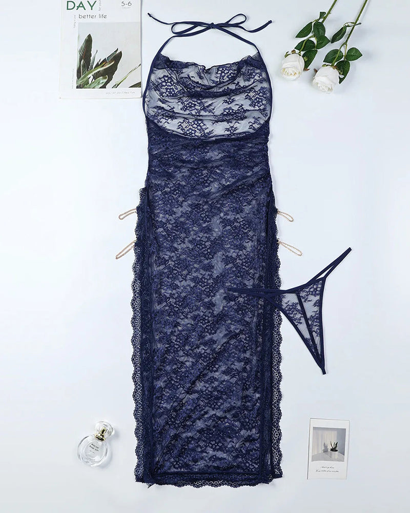 Navy blue lace halter nightgown with high slit and matching thong, romantic lingerie