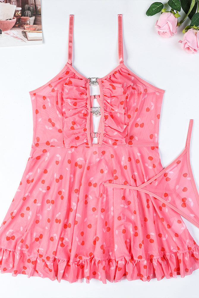 Pink cherry print babydoll dress with spaghetti straps and ruffled hem, perfect for a sexy night.