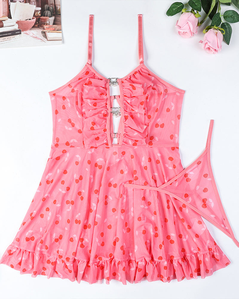 Pink cherry print babydoll dress with spaghetti straps and ruffled hem, perfect for a sexy night.