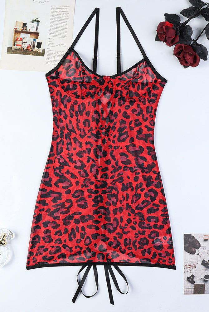 Red leopard print mini dress with back lace-up detail, hugging curves, elegant and stunning.
