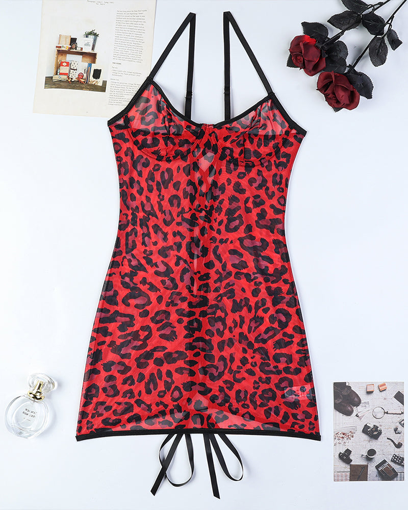Red leopard print mini dress with back lace-up detail, hugging curves, elegant and stunning.
