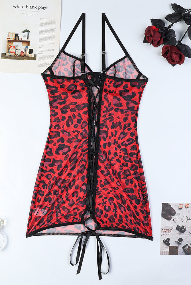 Leopard print mini dress with back lace-up, adjustable straps, hugging curves, elegant and stunning