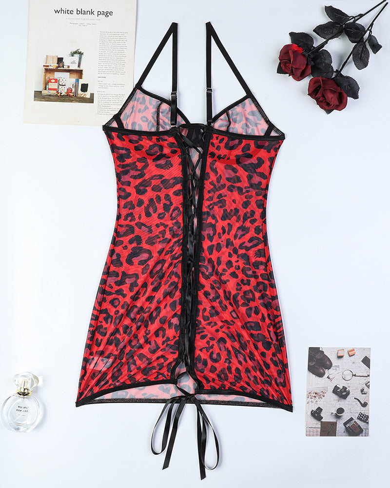Leopard print mini dress with back lace-up, adjustable straps, hugging curves, elegant and stunning