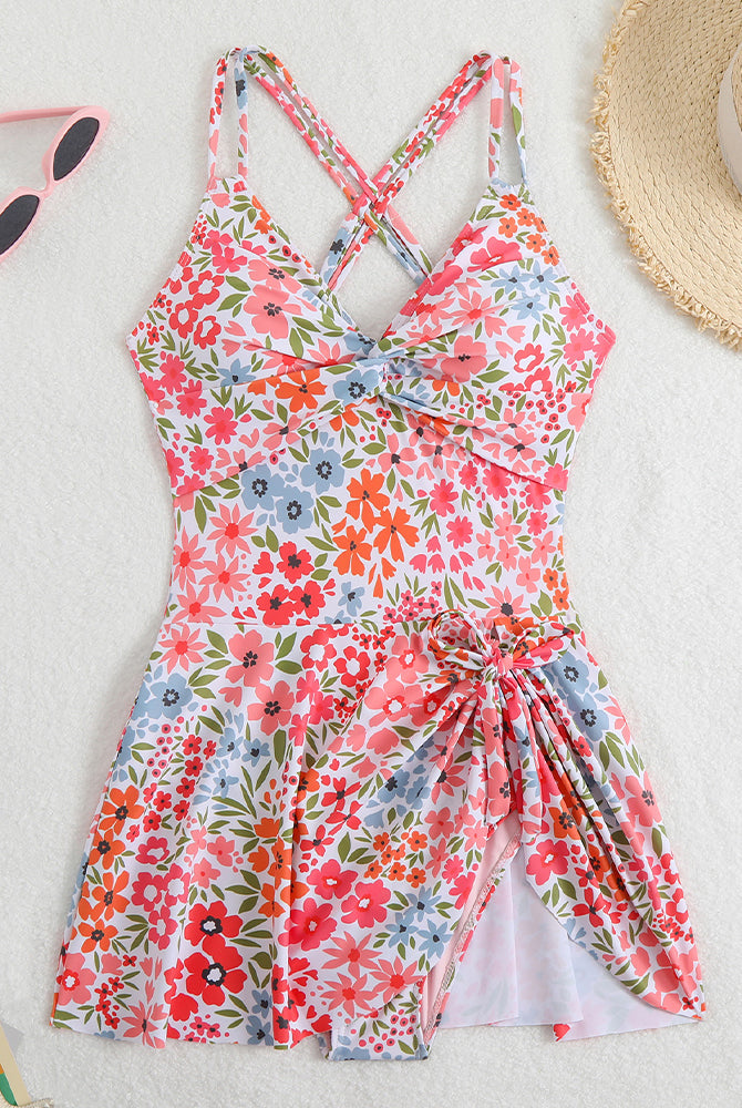 Floral print side drawstring swim dress with V-neck and criss-cross straps