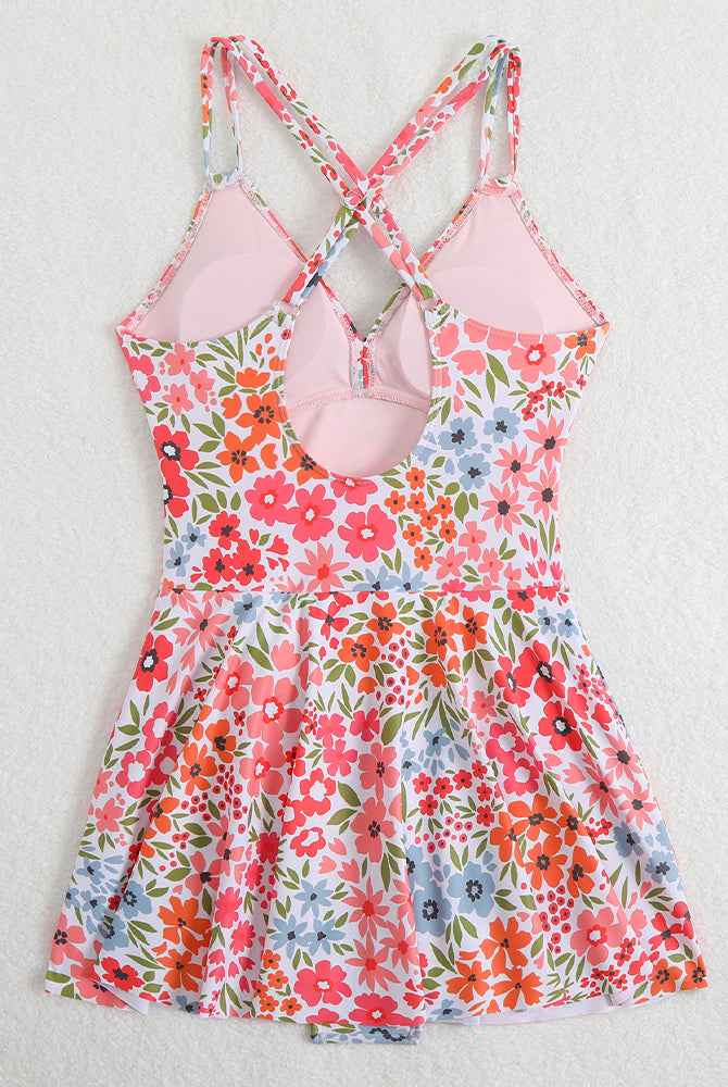 Floral print V-neck side drawstring swim dress with criss-cross back, beachwear