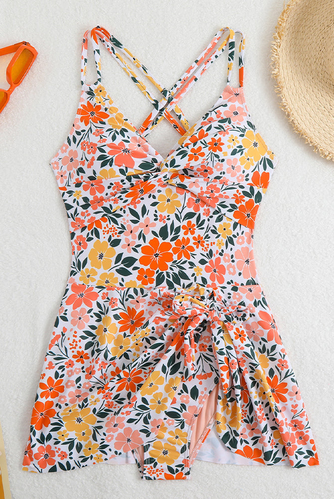 Floral print cross straps side drawstring swim dress, V-neck, perfect for beach days
