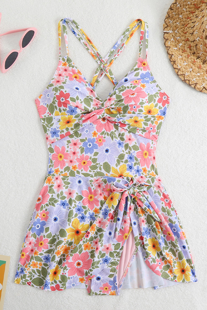 Floral print V-neck side drawstring swim dress, flattering fit, perfect for beach days.