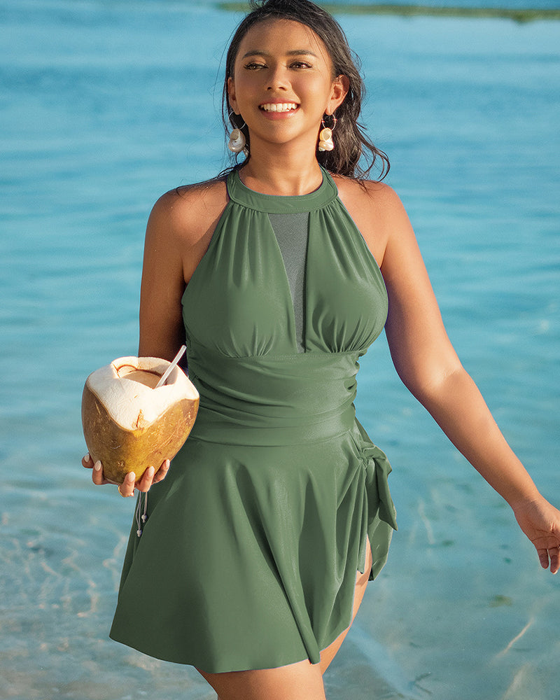 Olive green plus size halter neck swim dress, flattering fit, skirted bottom