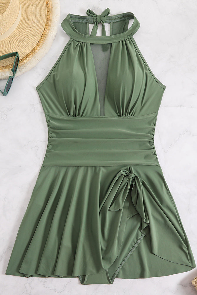 Olive green plus size halter neck swim dress with halter neck and skirted bottom