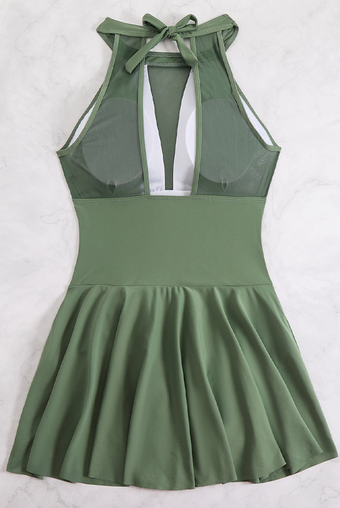 Olive green plus size halter neck swim dress with mesh detail and flared skirt