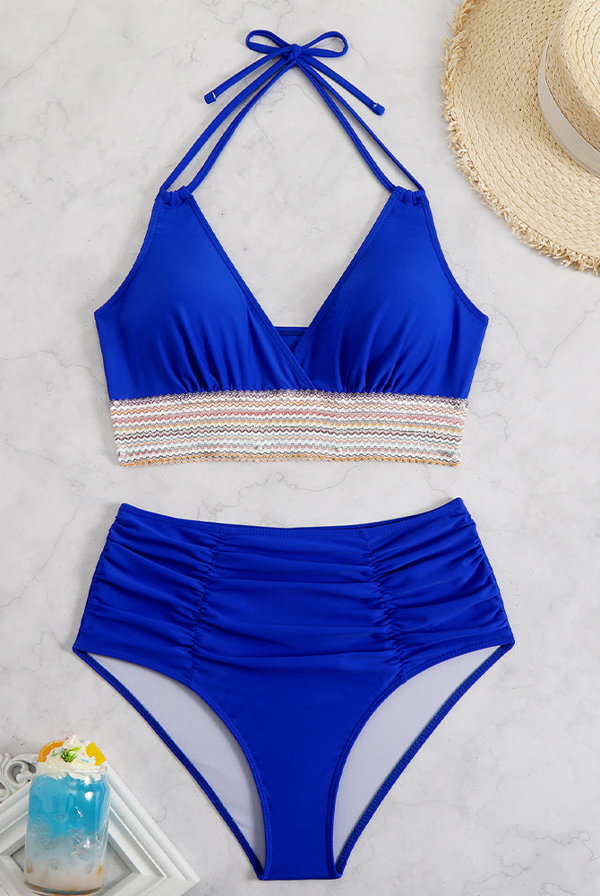 Blue color block halter bikini set with high-waisted bottoms, retro swimwear, beach styling