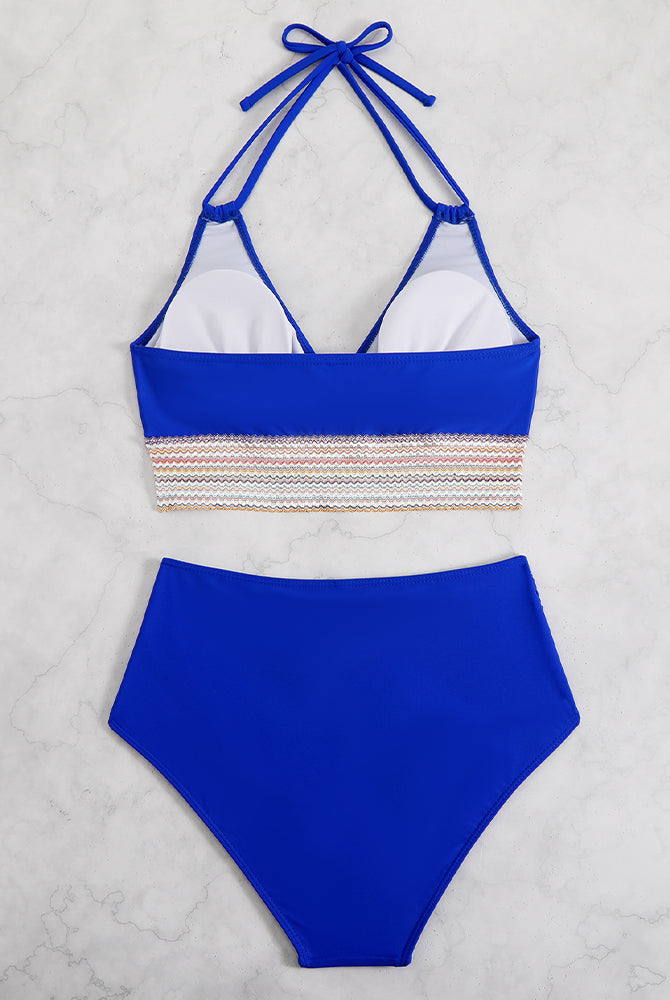 Blue color block bikini set with halter top and high-waisted bottoms, retro swimwear, beach styling