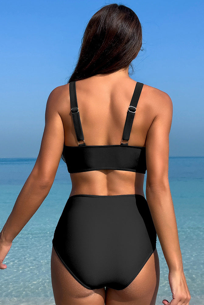 Black mesh ruched bikini set back view, strappy triangle bra with high-rise briefs
