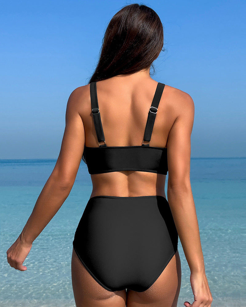 Black mesh ruched bikini set, high-waisted bottoms, adjustable straps, beachwear, sexy lingerie